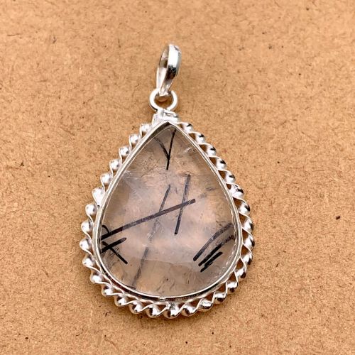 Natural Black Rutilated Quartz Sterling Silver Pendant